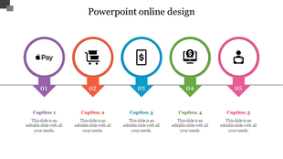 Five-step online design template with circular icons in purple, orange, blue, green, and pink, each with icons.