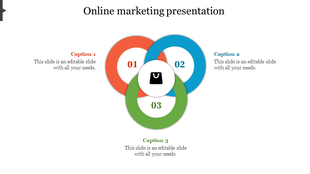 A Venn diagram with three circles labeled 1, 2, and 3, with a shopping bag icon in the center, representing online marketing.
