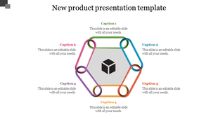 New product slide with interconnected loops forming a hexagon, each loop linked to labeled captions around a cube icon.