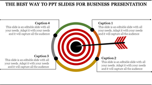 Slide featuring a target with concentric red and white circles and an arrow hitting, paired with four labeled captions.