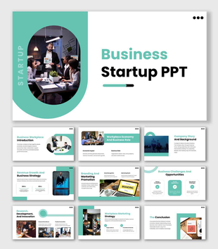 Business Startup PPT Presentation featuring workplace economy, revenue growth, marketing strategy, and business goals.