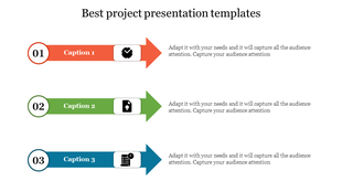 Project  slide with three colored arrows: red, green, and blue, featuring numbered sections and unique icons.