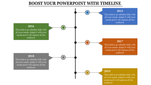 Timeline PowerPoint template with colorful speech bubble icons representing different years from 2015 to 2019.