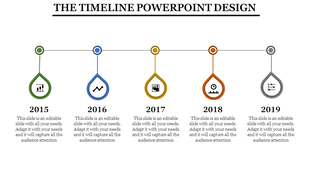 Timeline PowerPoint design with five years 2015 to 2019, each with an icon and year, depicting progress over time.