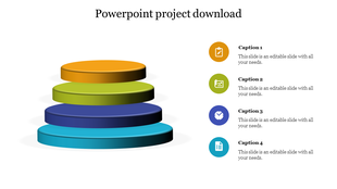 Layered 3D infographic with four colorful tiers in orange, green, blue, and teal, paired with captions and icons.