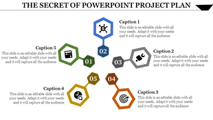 Hexagon shaped infographic with five color coded steps connected to a central icon, labeled captions 01 to 05.