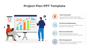 Slide with a large screen showing colorful graphs and charts, two illustrated figures, and four project plans on the right.