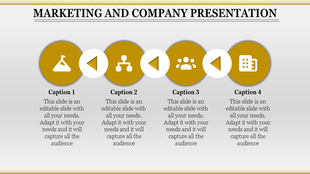 Row of four golden circular icons and white arrows representing different concepts, each paired with captions below.