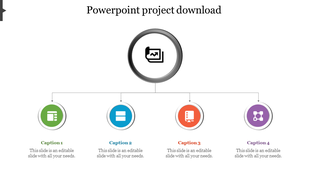 PowerPoint project slide with four colored icons and corresponding text.