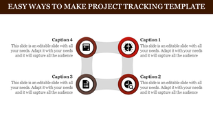 Square layout for project tracking with four red icons brain, clock chart, document, and grid interface at each corner.