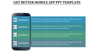 Mobile phone graphic slide with four captions for app features with icons.