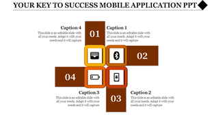Modern template for mobile app presentations with a central icon and four captions surrounding it.