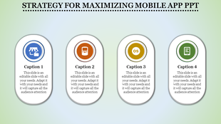 Four vertically aligned oval sections with icons and captions on a gradient background, illustrating mobile app strategies.
