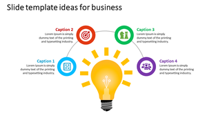 Business idea slide featuring a glowing light bulb center with four icons connected in blue, red, green, and purple circles.
