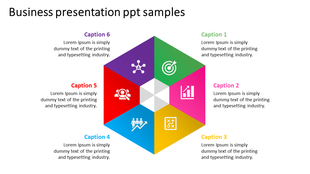 Hexagonal diagram in the center with six colorful sections, each with icons and text captions in different colors.