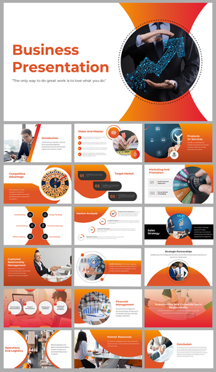 Alt: Business presentation template thumbnail with market analysis, sales strategy, and financial management slides