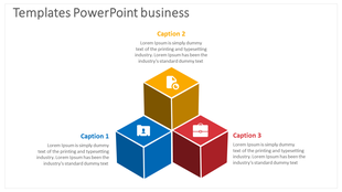 3D cube business infographic with blue, yellow, and red sections representing captions 1, 2, and 3, each featuring icons. 