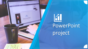 Slide design showing a workspace with a laptop and a coffee cup, overlaid with a blue banner and project title.