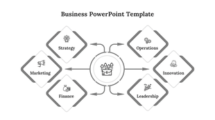Template with a central circular icon and six surrounding diamond shaped sections labeled with business concepts.