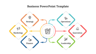 Business layout with six diamond blocks around a central icon, connected by colorful arrows for business topics.