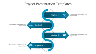 Business project PowerPoint template with a flowchart showing stages like project planning, research, and teamwork.