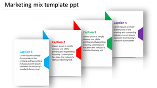 Four overlapping text boxes in blue, red, green, and purple, each with placeholder text for marketing mix.