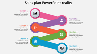 Sales plan PowerPoint template with six colorful sections, each representing a different aspect with captions.