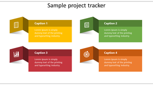 Slide with four colored rectangular sections in yellow, green, red, and orange, each containing captions and icons. 