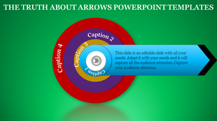 Business slide featuring a target-like design with concentric circles and a horizontal blue arrow for key details.