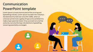 Communication themed slide featuring two women conversing with speech bubbles and three circular user icons below.