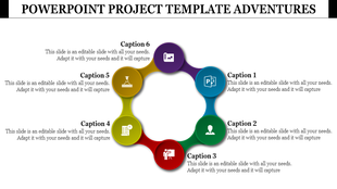 A PowerPoint project template featuring a colorful circular layout with six sections, each representing a key aspect.