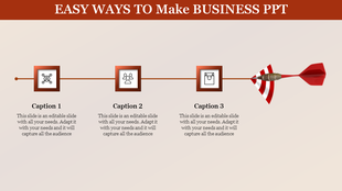 Business PowerPoint slide with three sections connected by arrows, each featuring icons for networking, teamwork, and sales.