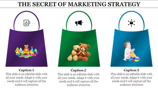 Marketing template with purple, green, and blue bags displaying toys, teddies, and a baby, with captions below.