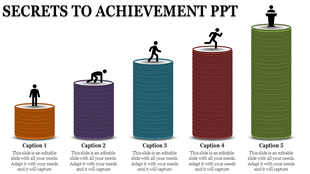 Secrets of achievement, featuring five stacked discs with figures standing or climbing, each labeled with captions areas.
