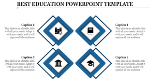 Creative slide for education with four diamond-shaped icons in blue, featuring educational icons each with a caption. 