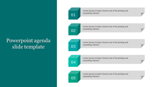 Agenda slide with five numbered blocks in green, aligned vertically, with text boxes extending horizontally to the right.