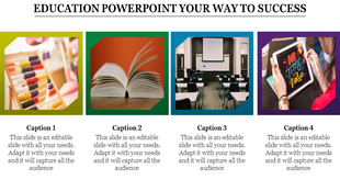 Colorful grid layout with four images of threads, open book, empty classroom, and tablet screen, bordered by vibrant colors.