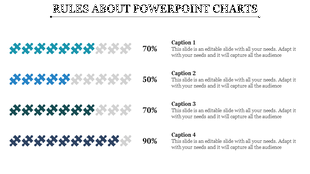 Chart with colored X symbols in blue and grey, arranged horizontally in four rows, representing percentage values.