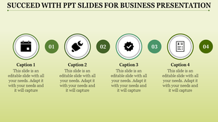 Four step infographic with circular icons and numbered nodes, arranged horizontally on a gradient green background.