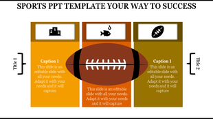 Slide layout with a baseball in the middle and three panels above containing sports related icons and text.