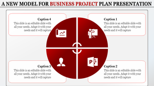 A central red circle divided into four sections, each containing business icons and text placeholders around the edges.