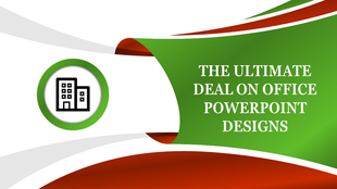 Office template with flowing red and green curved shapes, a bold title, and an icon of a building on the left.