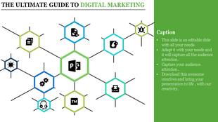 A slide displaying the ultimate guide to digital marketing with various icons representing key components with captions.