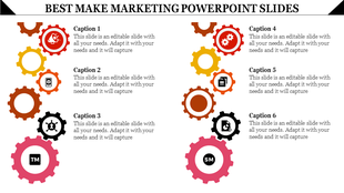 Gear-themed diagram with six sections, each containing a unique marketing icon and caption areas.
