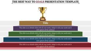 Goals template with a golden trophy on top and five horizontal colored layers, each labeled with placeholder text areas.