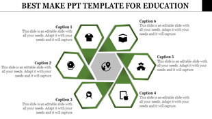 Educational-themed hexagonal diagram with a central gray hexagon and six green hexagons containing icons.