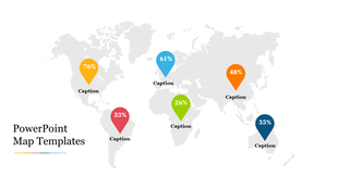 Gray world map with six percentage markers in yellow, blue, orange, red, green, and dark blue, labeled with caption areas.