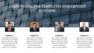Business PowerPoint slide featuring four business professionals with captions.