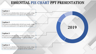 Circular blue pie chart for 2019 with four captions on the left connected by lines on a gray geometric background.
