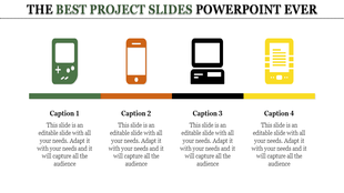 A colorful project slide with icons representing various devices, including a game console, smartphone, laptop, and tablet.